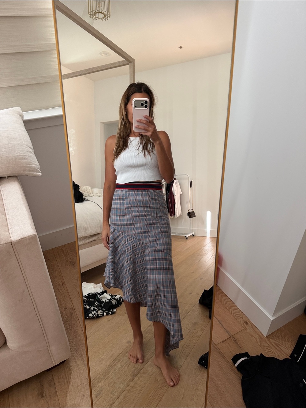 Milly Plaid Asymmetric Midi Skirt with Contrast Waistband